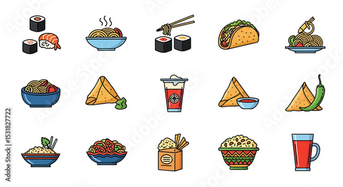 Vector Icons Set of Vibrant Collection of Diverse International Food Icons. Vector Illustrations