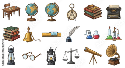 Vector Icons Set of Vintage Educational and Scientific Tools Collection. Vector Illustrations