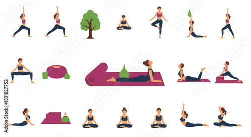 Vector Icons Set of Various Yoga Poses Illustrated for Beginners. Vector Illustrations