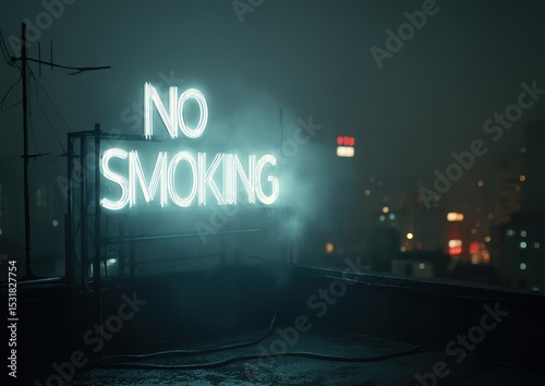 Neon sign spelling “No Smoking” with city skyline at dusk and cigarette smoke rising upward.