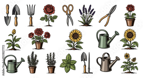 Vector Icons Set of Vintage Gardening Tools and Flowers Illustration. Vector Illustrations