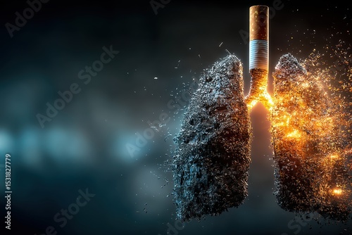 Artistic image of human lungs merged with a burning cigarette, highlighting smoking addiction in a medical visual concept