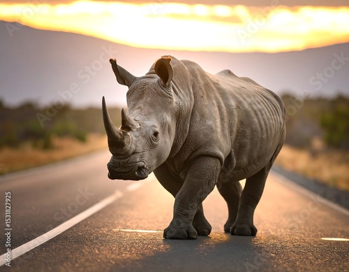 Majestic rhino on a road at sunset (1)