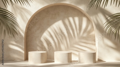 Elegant product display podiums with arch background and palm shadows backdrop