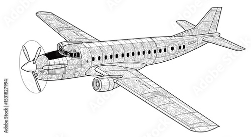 Detailed Airplane Illustration with Intricate Pattern Designs for Coloring and Creative Projects, a Vintage Aircraft