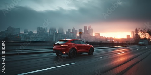 A modern red SUV driving on a bridge, with a city skyline in the background, symbolizing a journey through an urban landscape.