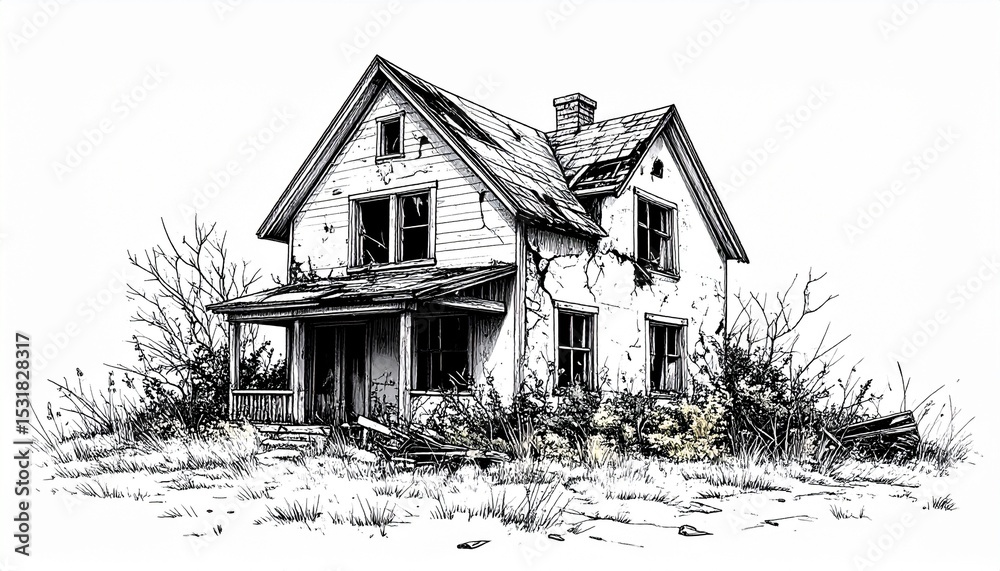 Obraz premium Line Drawing Abandoned House