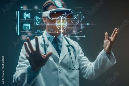 A doctor interacts with an AI virtual assistant using VR glasses symbolizing future medical technology and performs medical diagnosis and health data analysis