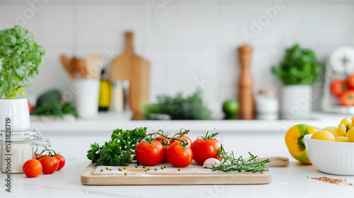 Bright modern kitchen with fresh vegetables and herbs on a cutting board: tomatoes, parsley, rosemary, garlic. Fresh, healthy cooking atmosphere