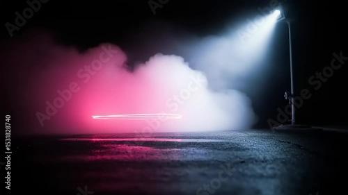 Neon light trails on a dark paved surface