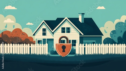 Creative illustration of a residential house with a large padlock and shield symbolizing home security and protection
