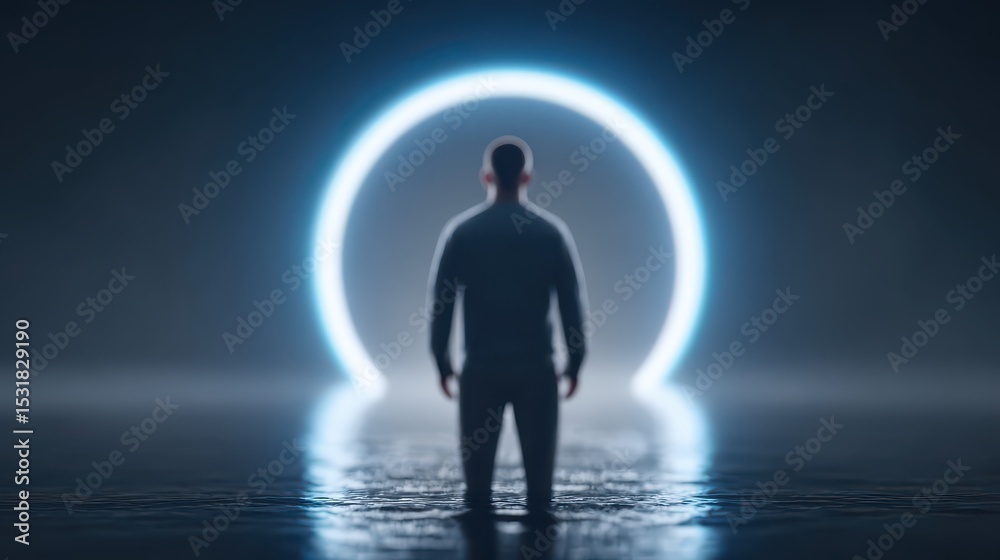 Obraz premium A character standing in front of a glowing portal, about to be transported into a game universe. crossing into virtual reality. entering a fantasy game.