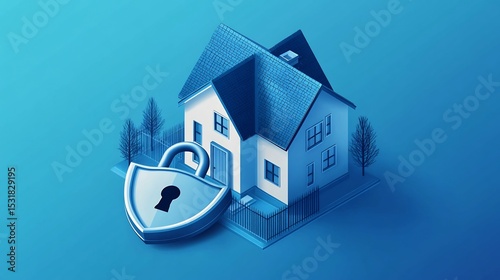 Creative illustration of a residential house with a large padlock and shield symbolizing home security and protection
