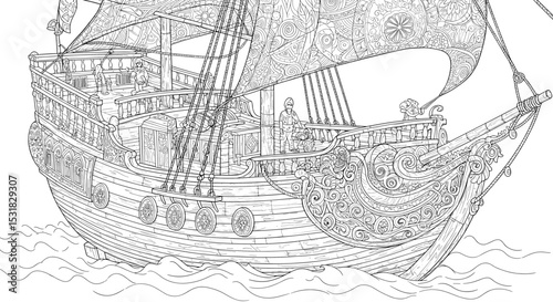 Ornate sailing ship illustration with intricate patterns and detailed line work on stylized waves, nautical vessel