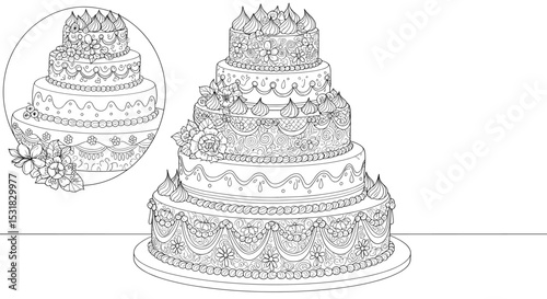 Intricate five-tier cake illustration featuring detailed floral decorations and elegant piping designs for celebrations