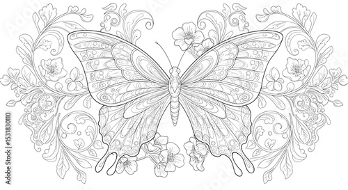 Detailed butterfly illustration with floral ornaments and intricate patterns for coloring books and relaxation