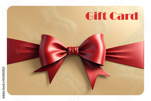 Satin red ribbon gift card template on soft gold background with shimmering textures for birthdays and celebrations