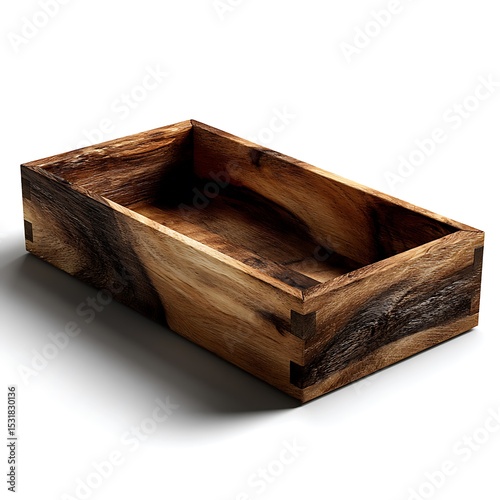 Rustic Dark Wood Rectangular Box with Dovetail Joints on White Background