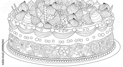 Intricate cake illustration featuring detailed frosting, fruit, and decorative elements for creative projects