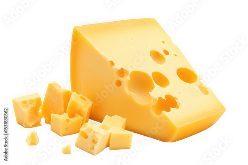 Delicious swiss cheese wedge and cubes, dairy food, gourmet ingredient, yellow cheese isolated on transparent background