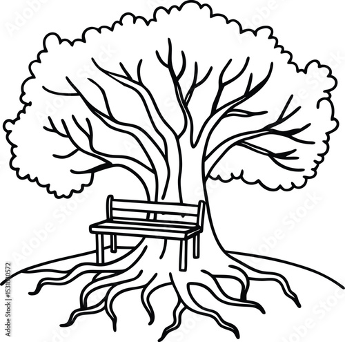 visualize a park bench curved around a massive tre.eps