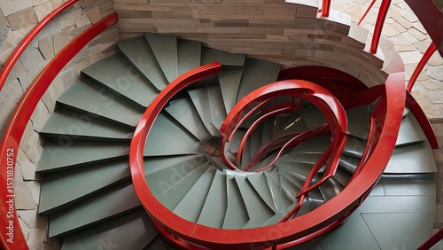 Seashell-Inspired Spiral Staircase with Red Railing – Ginza, Tokyo