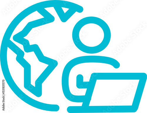Remote work blue line icon. Man with laptop and globe behind. Work from anywhere. Editable llustration.