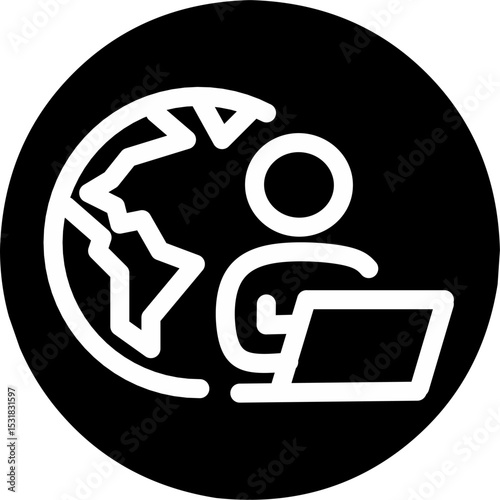 Remote work line black icon. Man with laptop and globe behind. Work from anywhere. Editable llustration.