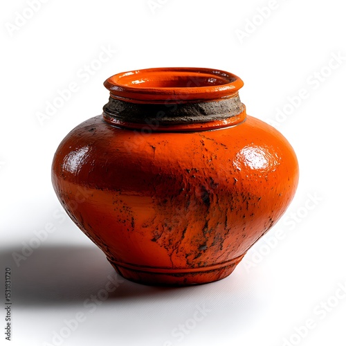 Rustic Orange Clay Pot, Textured Surface and Unique Pottery on White Background