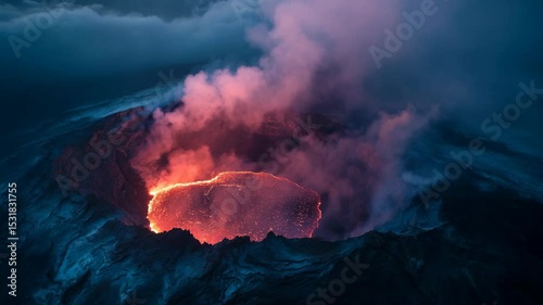 Volcano erupting at sunset with glowing lava and dramatic smoke plumes, a powerful display of raw natural energy, professional nature and environment videography