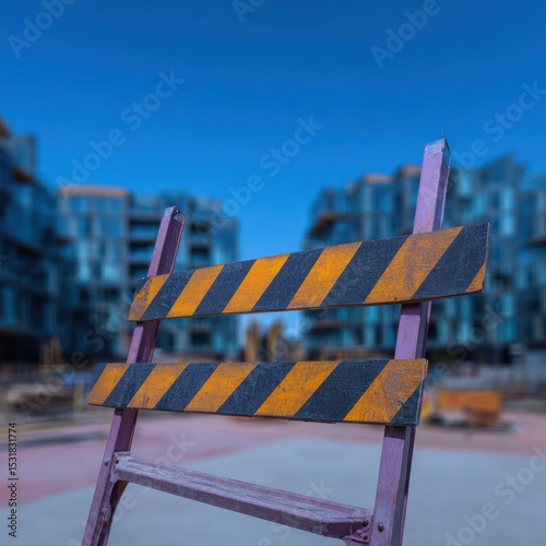Construction barricade in front of modern apartment buildings