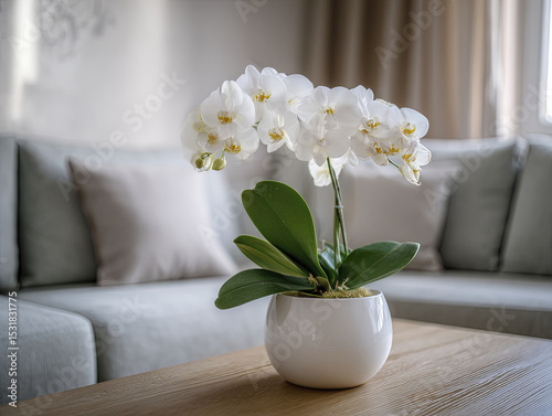 White orchid pot in modern living room radiates calm and elegance, bringing nature beauty indoors with its delicate petals and serene presence