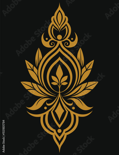 Golden ornate damask design element on black background