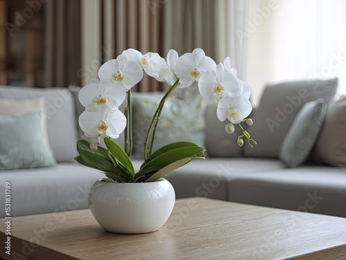 Pristine white orchid blooms in modern living room, radiating sense of calm and simple beauty, charming addition to stylish home decor