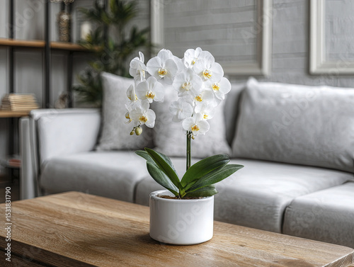 Clean, modern living room features white orchid in white pot, creating serene and sophisticated atmosphere. orchid is focal point, bringing freshness and joy