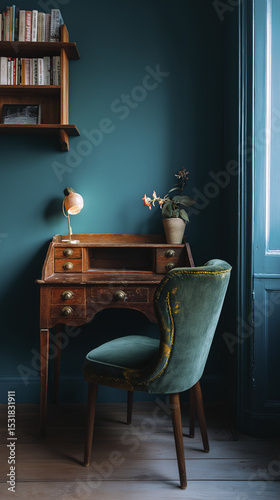 An interior with teal wall and vintage wooden desk creates cozy, inviting space with nostalgic feeling. room is quiet and calming, perfect for working