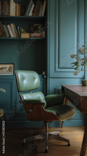 This vintage styled interior evokes feeling of comfortable sophistication, showcasing teal walls and an inviting wooden desk, creating cozy and aesthetic workspace