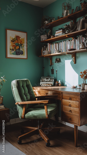 Teal walls create vintage mood in interior. wooden desk stands ready, adorned with books and classic typewriter, radiating sense of calm focus