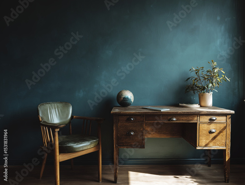 Vintage wooden desk against dark teal wall evokes sense of calm and nostalgia, beside light green chair, this space feels inviting and creative