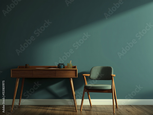 Simple wooden desk and chair stand against dark teal wall, bathed in natural light, creating serene and inviting workspace