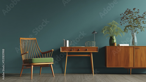 Vintage teal wall sets calming stage for midcentury modern desk and chair, hinting at workspace filled with quiet contemplation and creative energy