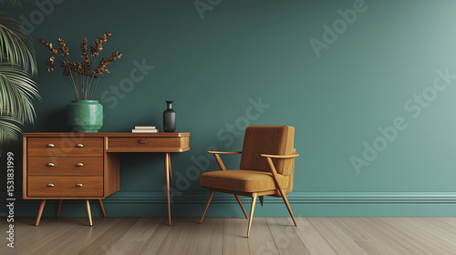 Well lit midcentury modern desk and chair create stylish workspace, evoking sense of calm and productivity in teal room