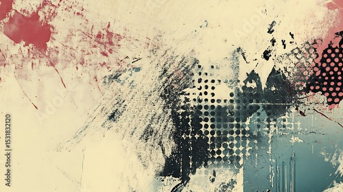 Crushed stamp style template with layered grunge ink textures halftone dots and distressed patterns forming a vintage design element