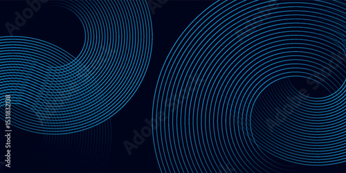 Modern dark blue abstract horizontal banner background with glowing geometric lines. Shiny blue diagonal rounded lines pattern. Futuristic concept. vector eps10