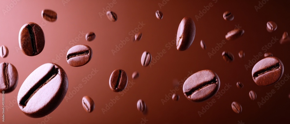 Fototapeta premium Coffee beans in mid-air against a rich brown background