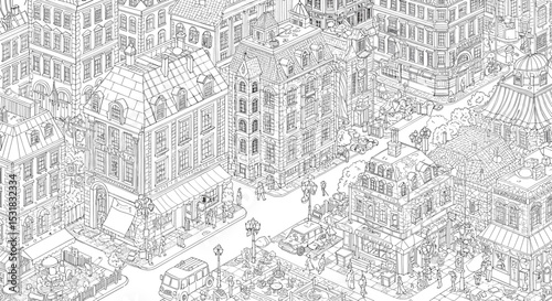Intricate line art illustration depicting a bustling city street scene with detailed architecture and pedestrians, providing a complex and engaging visual experience