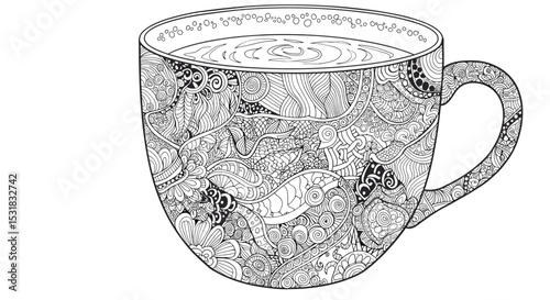 Intricate zentangle coffee mug illustration with swirling patterns and bubble details for relaxation and design projects, perfect for creative coloring books and art enthusiasts