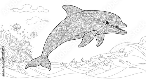 Detailed dolphin illustration jumping over waves with playful fish in an ocean coloring page style design