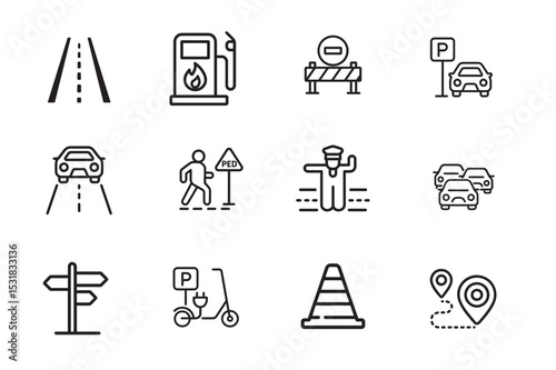 Road and Traffic Icons Set – Transportation and Navigation Line Symbols