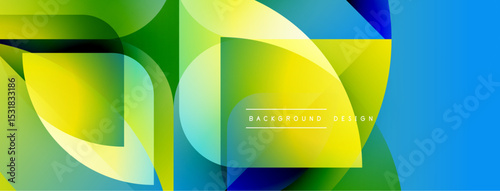 Abstract geometric shapes blend vibrant greens, yellows, blues. Modern design creates dynamic visual experience. Smooth gradients enhance composition.